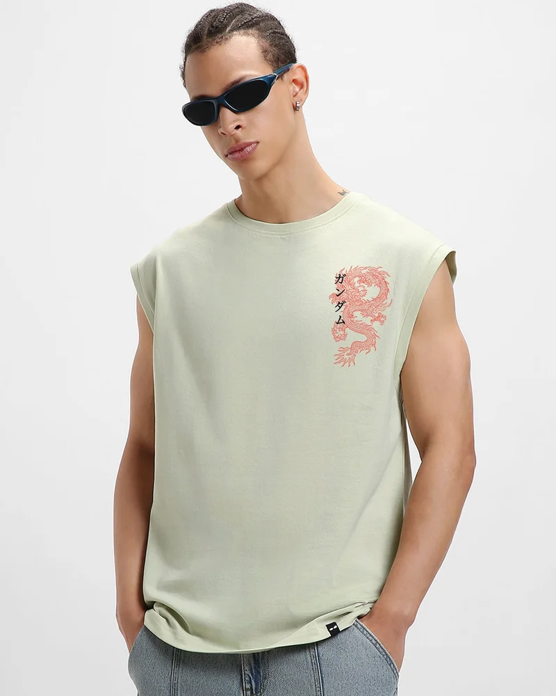 bewakoof Men's Fog Green Cyber Samurai Graphic Printed Boxy Fit Vest