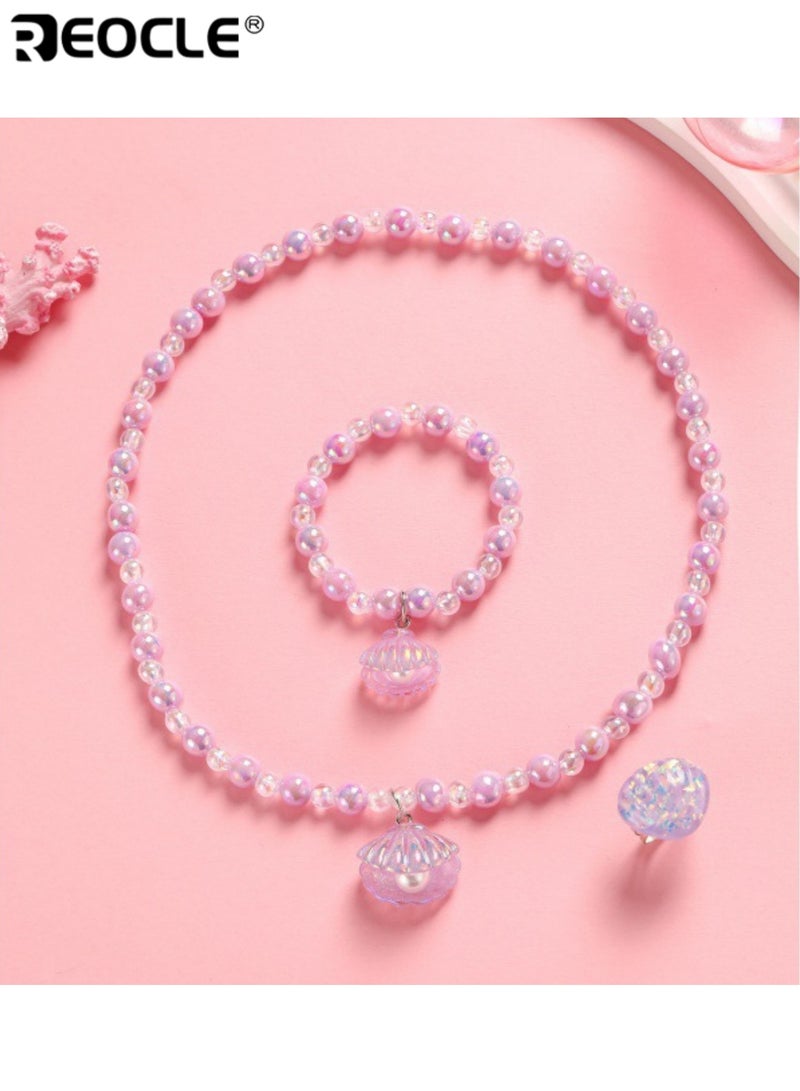 ريوكل قطعتان من مجموعة مجوهرات الأطفال بتصميم صدف عقد خرز وسوار إكسسوارات للارتداء اليومي العارض مجموعة إكسسوارات مرحة - Image 4