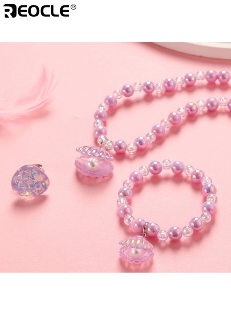 ريوكل قطعتان من مجموعة مجوهرات الأطفال بتصميم صدف عقد خرز وسوار إكسسوارات للارتداء اليومي العارض مجموعة إكسسوارات مرحة - Image 2