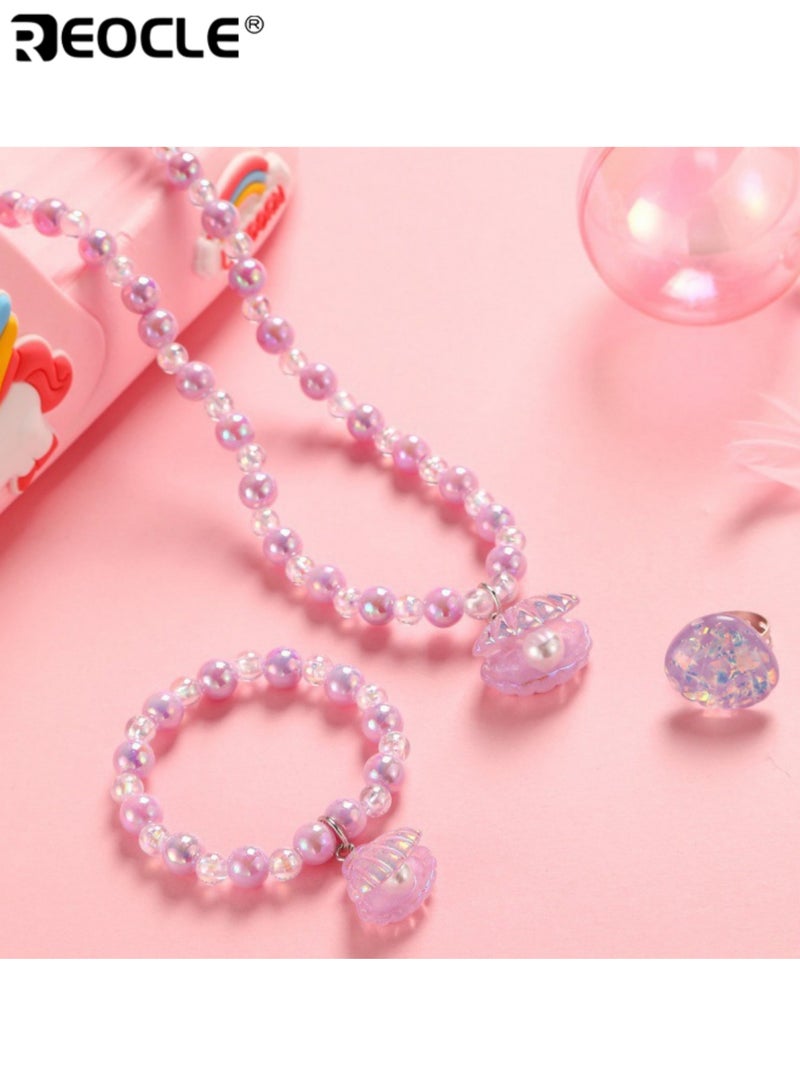 ريوكل قطعتان من مجموعة مجوهرات الأطفال بتصميم صدف عقد خرز وسوار إكسسوارات للارتداء اليومي العارض مجموعة إكسسوارات مرحة - Image 3