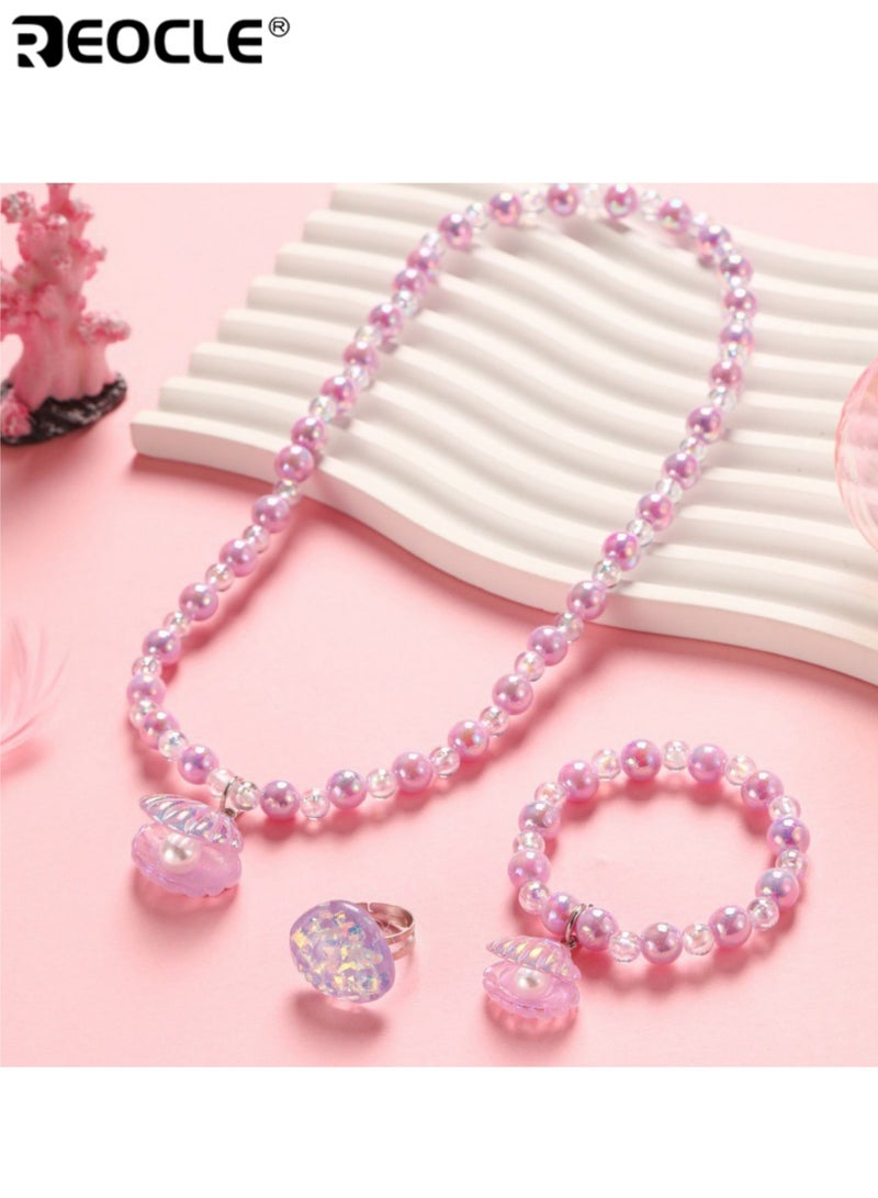 ريوكل قطعتان من مجموعة مجوهرات الأطفال بتصميم صدف عقد خرز وسوار إكسسوارات للارتداء اليومي العارض مجموعة إكسسوارات مرحة - Image 1