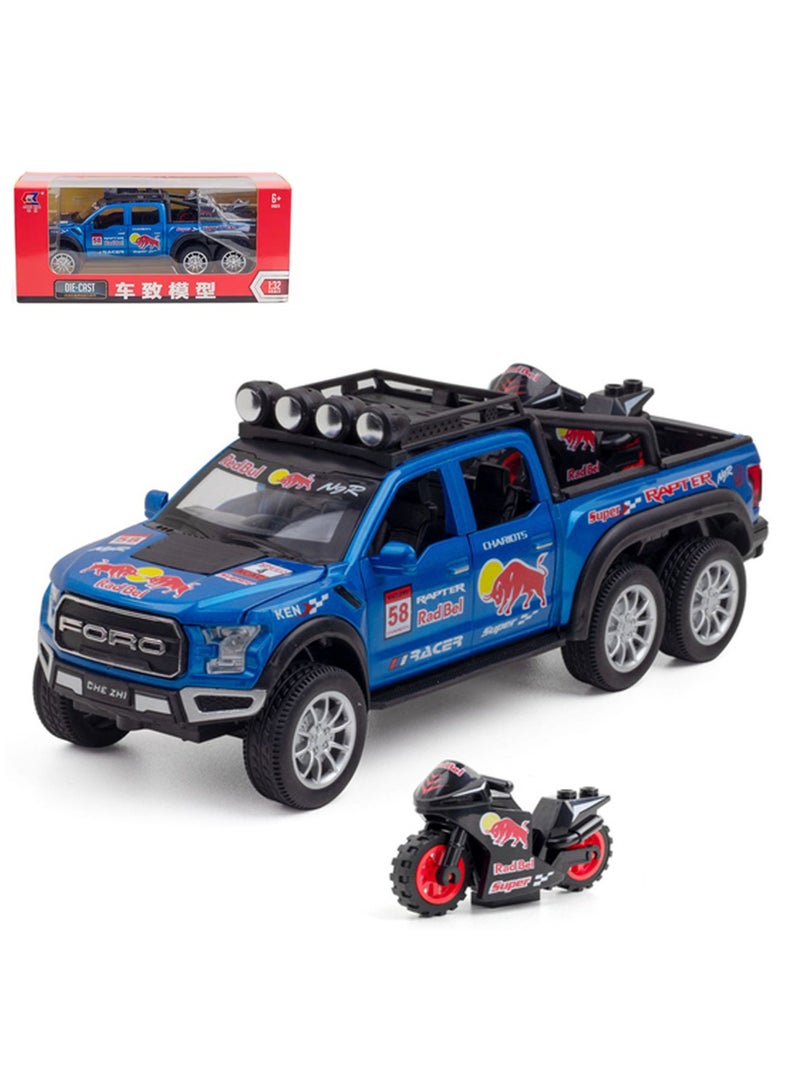 Swift سيارة لعبة معدنية مصنوعة من الصب بمقياس 1:28 فورد F150 مع صوت وضوء، شاحنة بيك أب وسيارات مقطورة مع دراجة رياضية للأولاد من عمر 3 سنوات فما فوق، زرقاء - Image 1