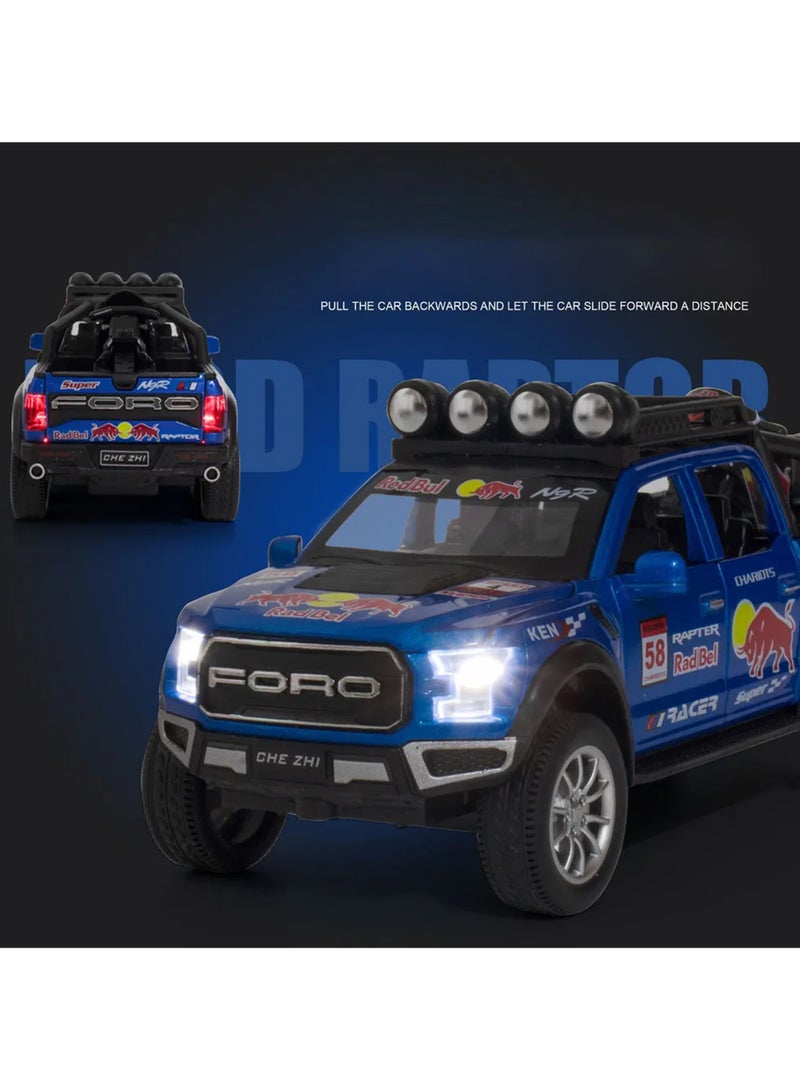Swift سيارة لعبة معدنية مصنوعة من الصب بمقياس 1:28 فورد F150 مع صوت وضوء، شاحنة بيك أب وسيارات مقطورة مع دراجة رياضية للأولاد من عمر 3 سنوات فما فوق، زرقاء - Image 3