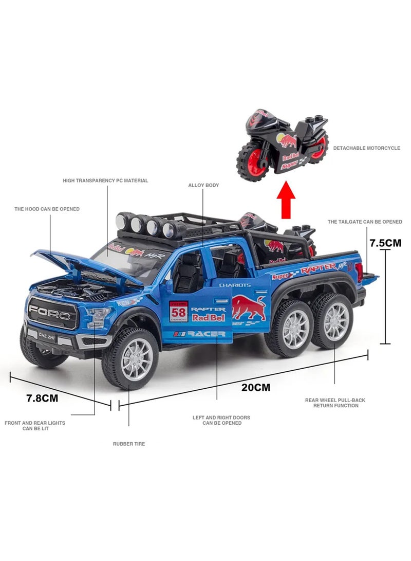 Swift سيارة لعبة معدنية مصنوعة من الصب بمقياس 1:28 فورد F150 مع صوت وضوء، شاحنة بيك أب وسيارات مقطورة مع دراجة رياضية للأولاد من عمر 3 سنوات فما فوق، زرقاء - Image 2
