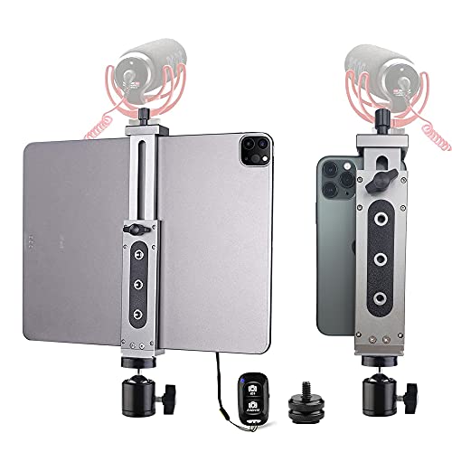 Peastrex Aluminum IPad Pro Tripod Mount Adapter Holder With Cold Shoe Ball Head and Bluetooth Shutter for iPad Pro 12.9 11 10.5, iPad Air Mini, Surface Galaxy Tab, Video Recording 3.5 to 13.5" iPhone Tablet - Image 1