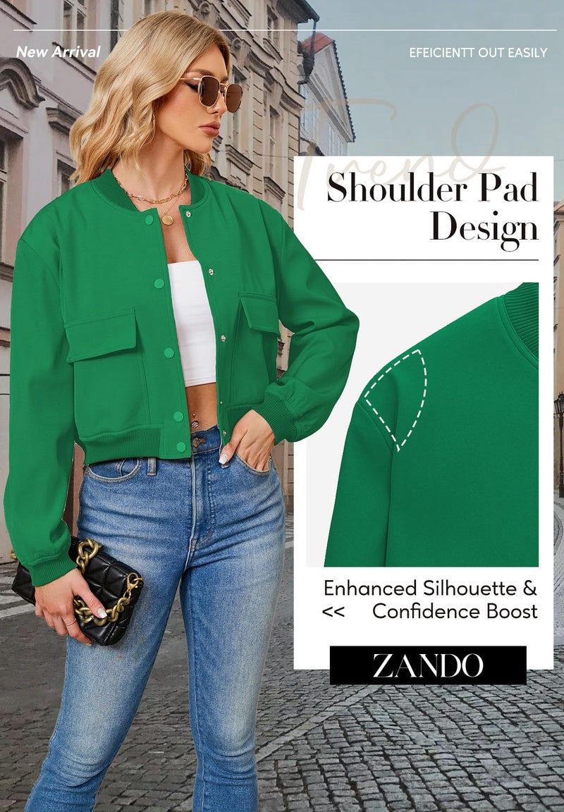 Zando Green Spring Jackets for Women 2026 - Green Bomber Jacket Women Button Down Cropped Jackets Womens with Side Pockets Long Sleeve Varsity Jacket Womens for Daily Work Outdoor Travel School M - Image 4