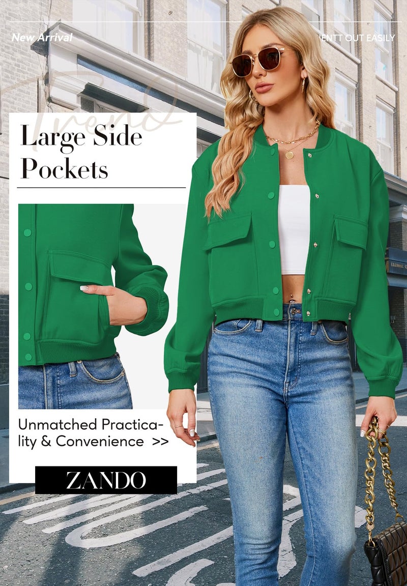 Zando Green Spring Jackets for Women 2026 - Green Bomber Jacket Women Button Down Cropped Jackets Womens with Side Pockets Long Sleeve Varsity Jacket Womens for Daily Work Outdoor Travel School M - Image 5