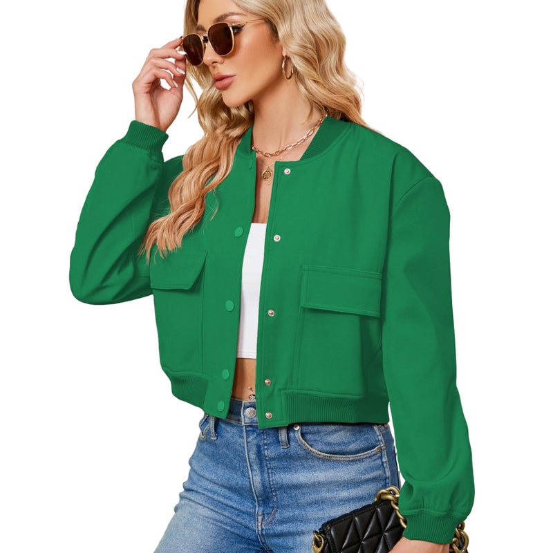 Zando Green Spring Jackets for Women 2026 - Green Bomber Jacket Women Button Down Cropped Jackets Womens with Side Pockets Long Sleeve Varsity Jacket Womens for Daily Work Outdoor Travel School M - Image 1