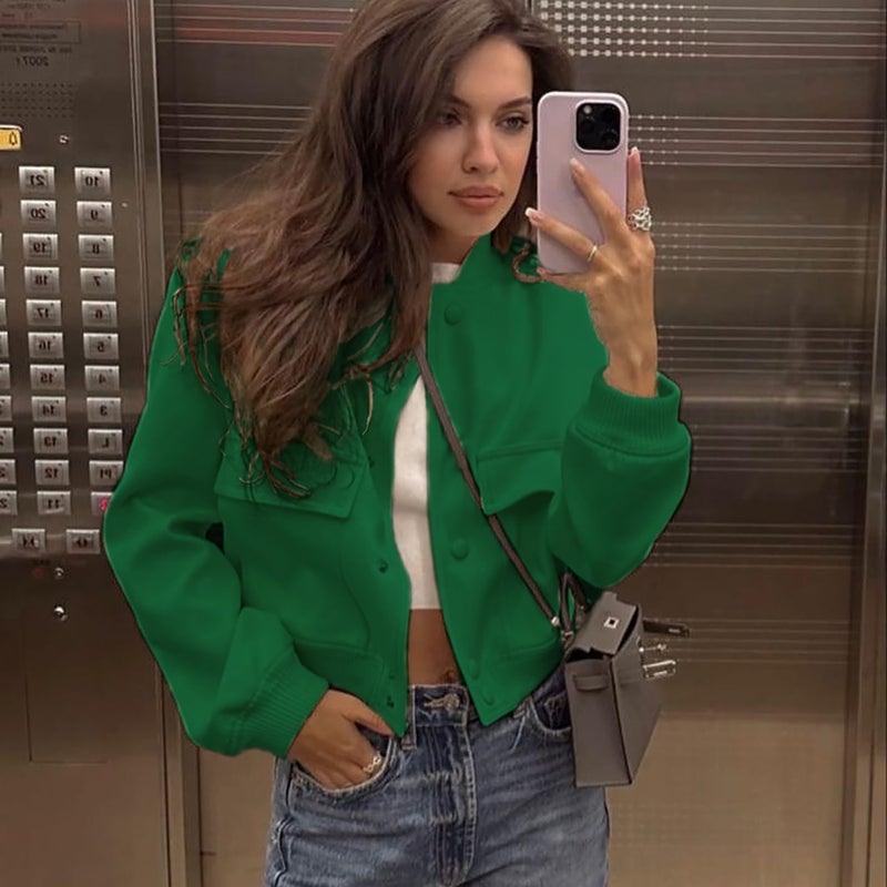 Zando Green Spring Jackets for Women 2026 - Green Bomber Jacket Women Button Down Cropped Jackets Womens with Side Pockets Long Sleeve Varsity Jacket Womens for Daily Work Outdoor Travel School M - Image 2