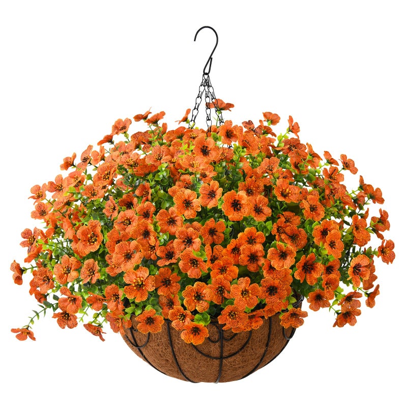 ZFProcess Artificial Faux Hanging Plants Flowers Basket for Fall Outdoor Decoration Fake Silk Daisy in Planter Realistic UV Resistant Look Real for Porch Home Patio Balcony YardOrange