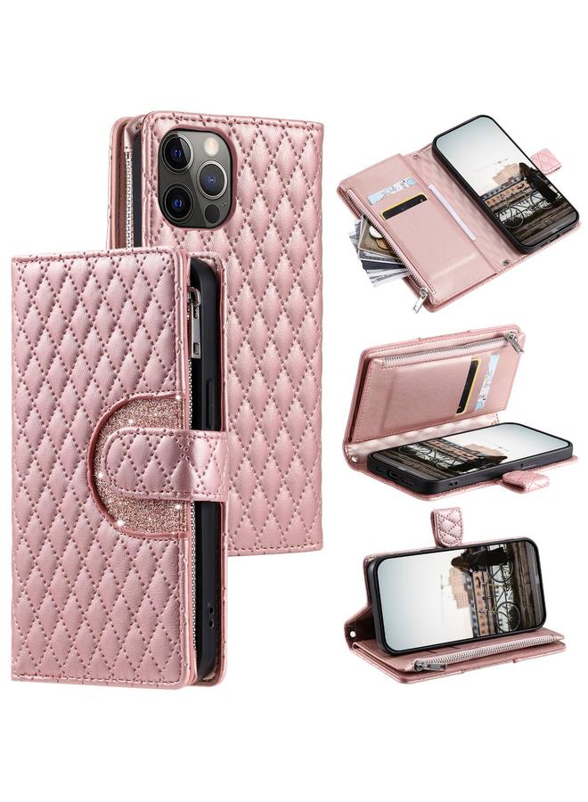 Zaboon Case For iPhone 12 Pro Max Glitter Lattice Zipper Wallet Leather Phone Case - Image 1