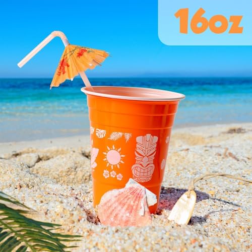 CUPLOOV 50 Hawaiian Luau Party Decorations Cups with Parasol Straws -16OZ Disposable Party Cups for Tropical Luau Moana Birthday Party Decor Supplies - Image 4