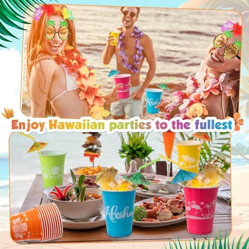 CUPLOOV 50 Hawaiian Luau Party Decorations Cups with Parasol Straws -16OZ Disposable Party Cups for Tropical Luau Moana Birthday Party Decor Supplies - Image 2