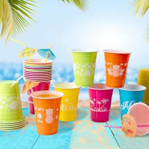 CUPLOOV 50 Hawaiian Luau Party Decorations Cups with Parasol Straws -16OZ Disposable Party Cups for Tropical Luau Moana Birthday Party Decor Supplies - Image 3