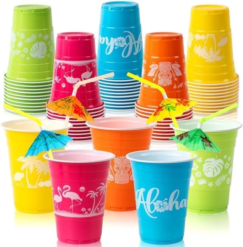 CUPLOOV 50 Hawaiian Luau Party Decorations Cups with Parasol Straws -16OZ Disposable Party Cups for Tropical Luau Moana Birthday Party Decor Supplies - Image 1