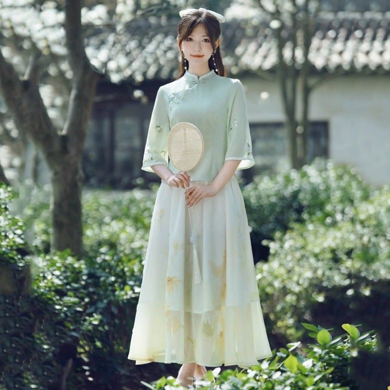 Republic of China Style Summer Womens Slim-fit Cheongsam Top Thin Han Element Hanfu suit Artistic Temperament Tang Suit Tea Art Clothing Green Top apricot Skirt suit 