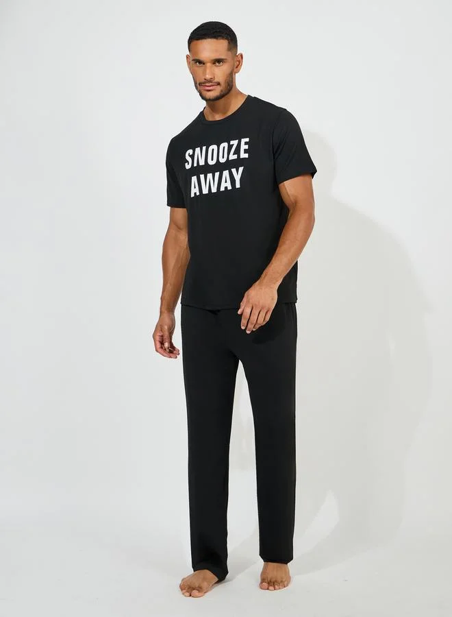Styli Slogan Print T-Shirt & Straight Pyjama Set