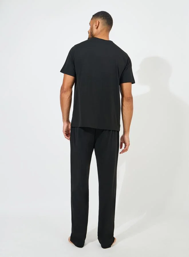 Styli Slogan Print T-Shirt & Straight Pyjama Set