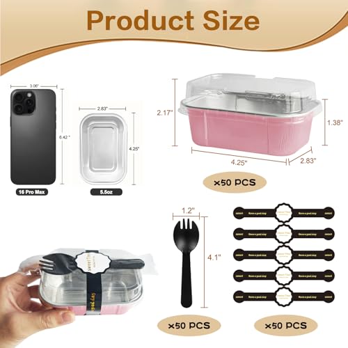 OBXMLFY mini loaf pans with lids and spoons 50 Pack55 oz Rectangle mini individual cake tins Disposable Small Aluminum Foil Baking pans50 Pink - Image 3
