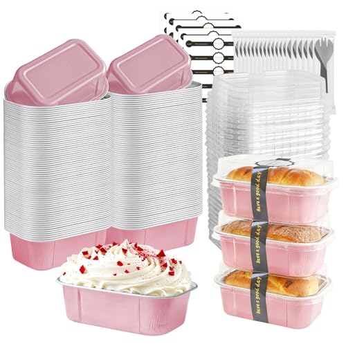 OBXMLFY mini loaf pans with lids and spoons 50 Pack55 oz Rectangle mini individual cake tins Disposable Small Aluminum Foil Baking pans50 Pink - Image 1