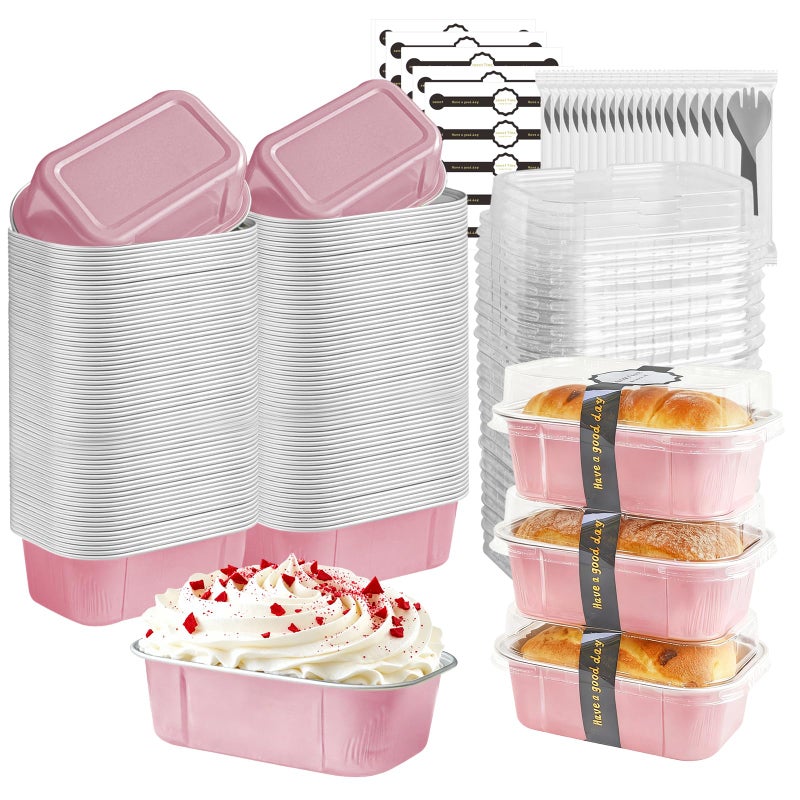 OBXMLFY mini loaf pans with lids and spoons 50 Pack55 oz Rectangle mini individual cake tins Disposable Small Aluminum Foil Baking pans50 Pink - Image 2