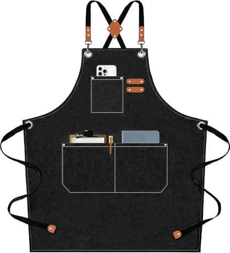 AFUN Chef Aprons for Men Women with Large Pockets, Cotton Canvas Cross Back Heavy Duty Adjustable Work Apron, Size M to XXL (Black) - Image 1