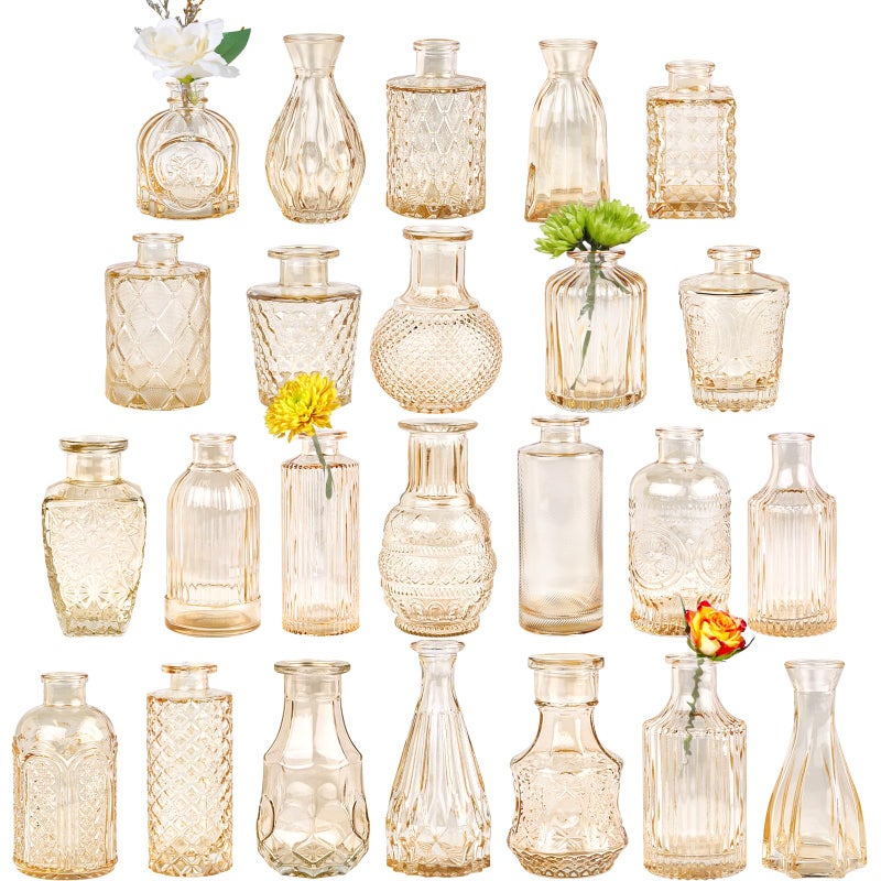 TBWIND Glass Bud Vase Set of 24, Small Amber Flower Vases for Centerpieces in Bulk, Mini Vintage Vase for Wedding Decor, and Home Table DÃ©cor - Image 1