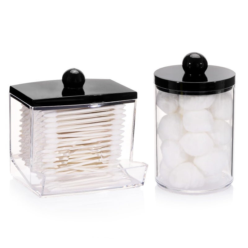 Tbestmax 2 Pack Qtips Dispenser - Bathroom Organizers and Storage Containers, Plastic Apothecary Jars with Black Lids for Cotton Swab, Cotton Round Pads, Floss - Image 1