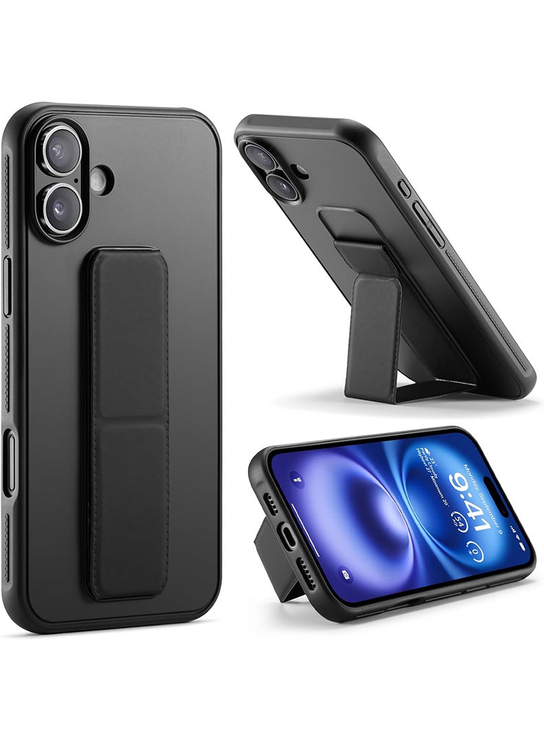 Case Up Compatible with Apple iPhone 16 Case with Magnetic Stand & Holder, Premium Silicone Finger Grip Strap Holder Case Car Mount Kickstand Cover- Black - Image 1