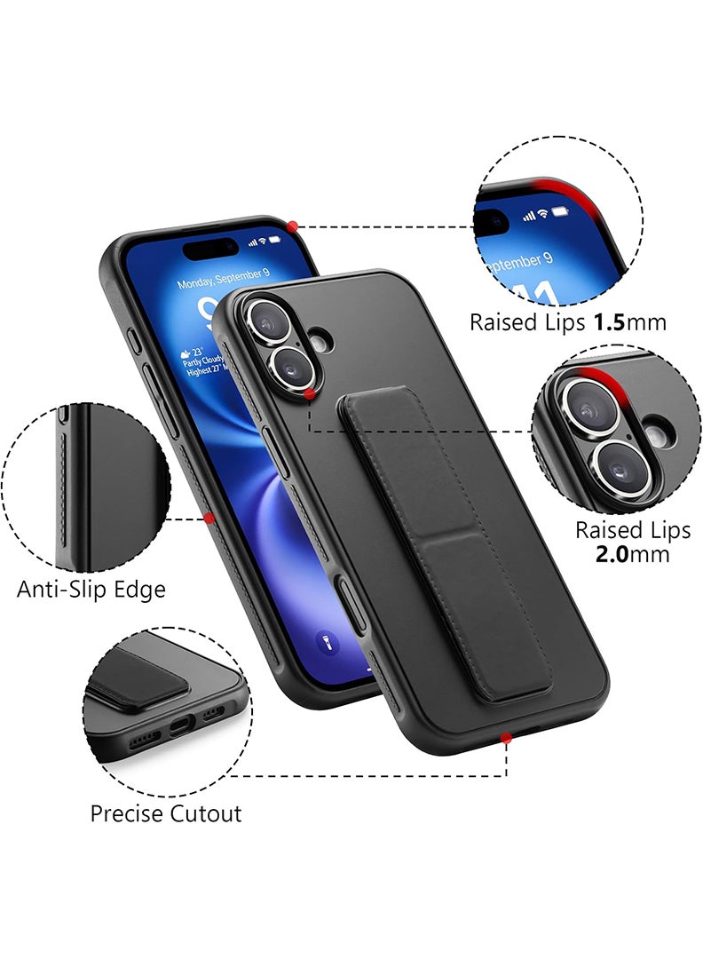 Case Up Compatible with Apple iPhone 16 Case with Magnetic Stand & Holder, Premium Silicone Finger Grip Strap Holder Case Car Mount Kickstand Cover- Black - Image 2