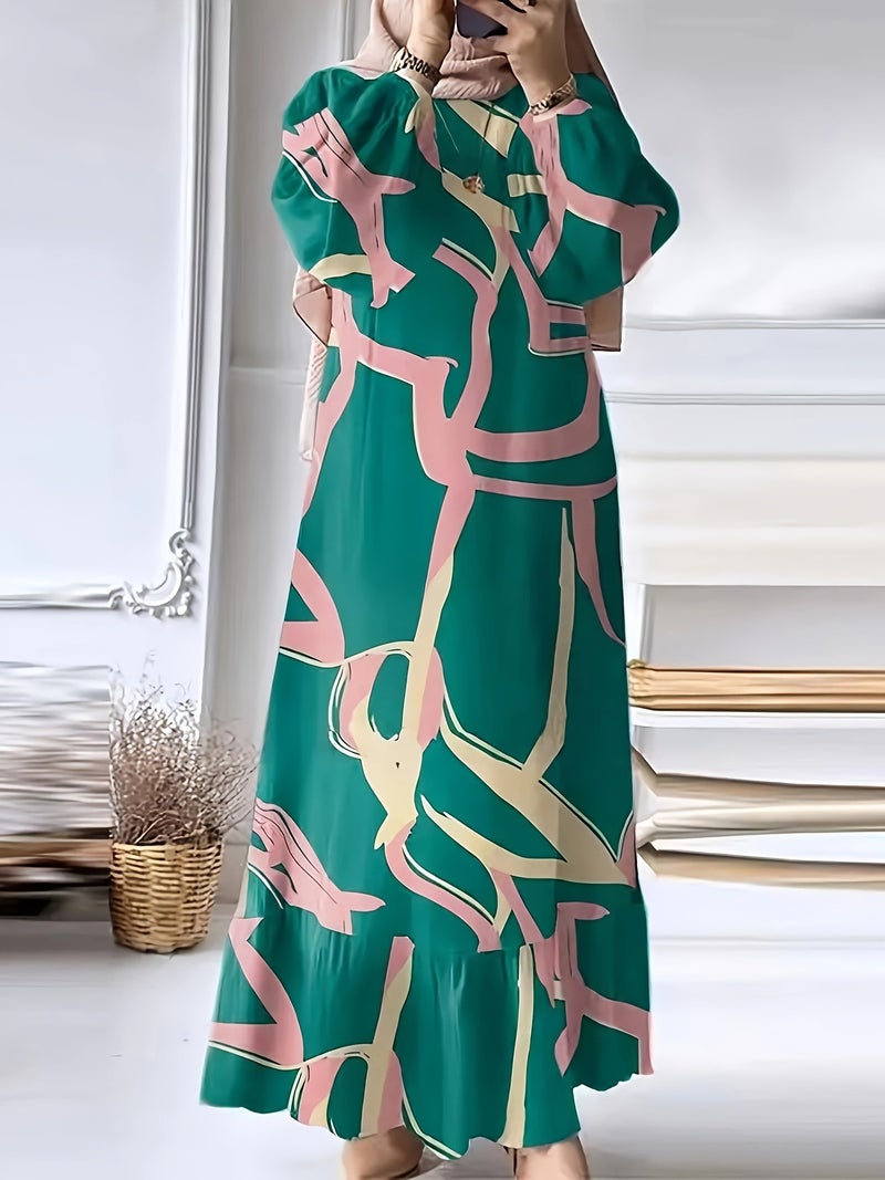 In-Stock Middle Eastern Muslim Women'S Printed Robe Long-Sleeve Vintage Loose Long Dress With Ruffled Hem