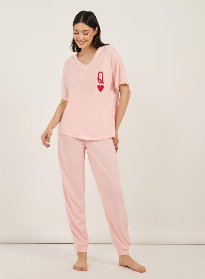 Styli Queen Of Hearts Dropped Shoulder V Neck T-Shirt & Cuffed Pyjama Set  - Image 1