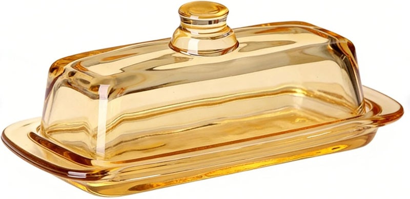 Glass Butter Dish with Lid, Airtight Butter Keeper Container, Dishwasher Safe Holder Tray Container for Countertop Fridge Refrigerator Kitchen Decor (Amber) - Image 1