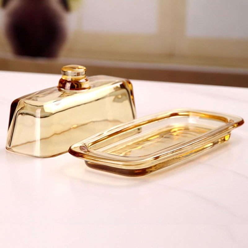 Glass Butter Dish with Lid, Airtight Butter Keeper Container, Dishwasher Safe Holder Tray Container for Countertop Fridge Refrigerator Kitchen Decor (Amber) - Image 4