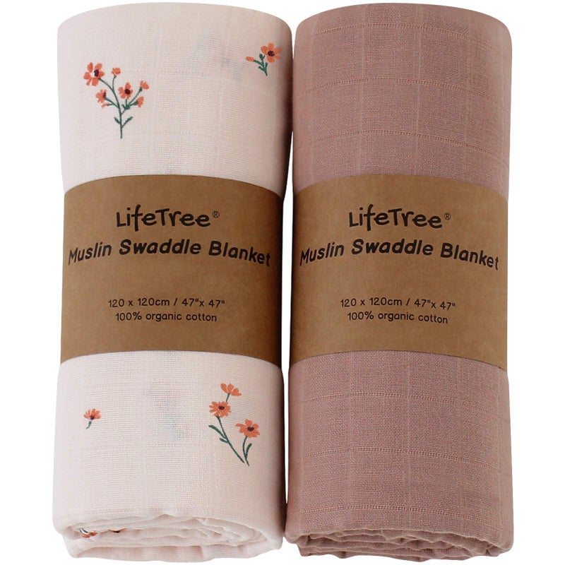 LifeTree Baby Girl Swaddle Blankets Muslin Swaddling Wrap Receiving Blanket for Newborn Organic Cotton Large 47 x 47 inches Solid ColorFlower Print