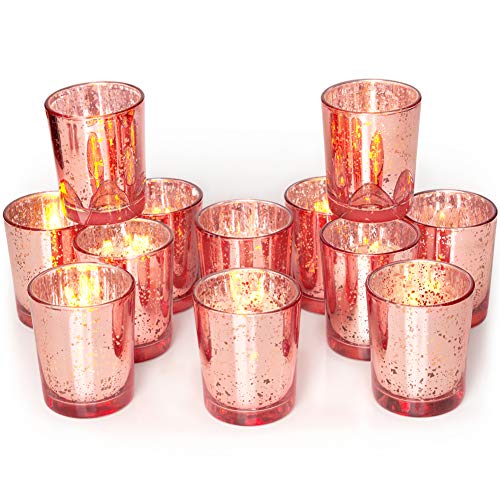 Volens Rose Gold Votive Candle Holders Set of 12 Mercury Glass Tealight Candle Holder Bulk for Wedding Decor and Home Decor