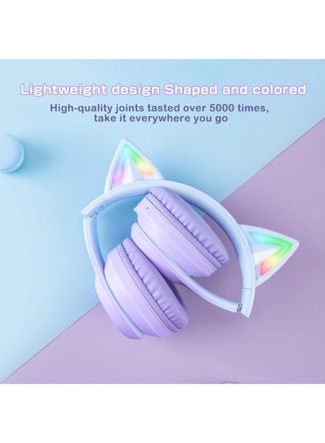 onikuma B90 Bluetooth Cat Ear Headphones for Kids & Adults, Wireless & Wired Mode Foldable Headset with Mic - Clear Sound Quality - RGB LED Light, for Girls School Gaming, for Phone/Laptop/PC/Tablet, Purple - Image 3