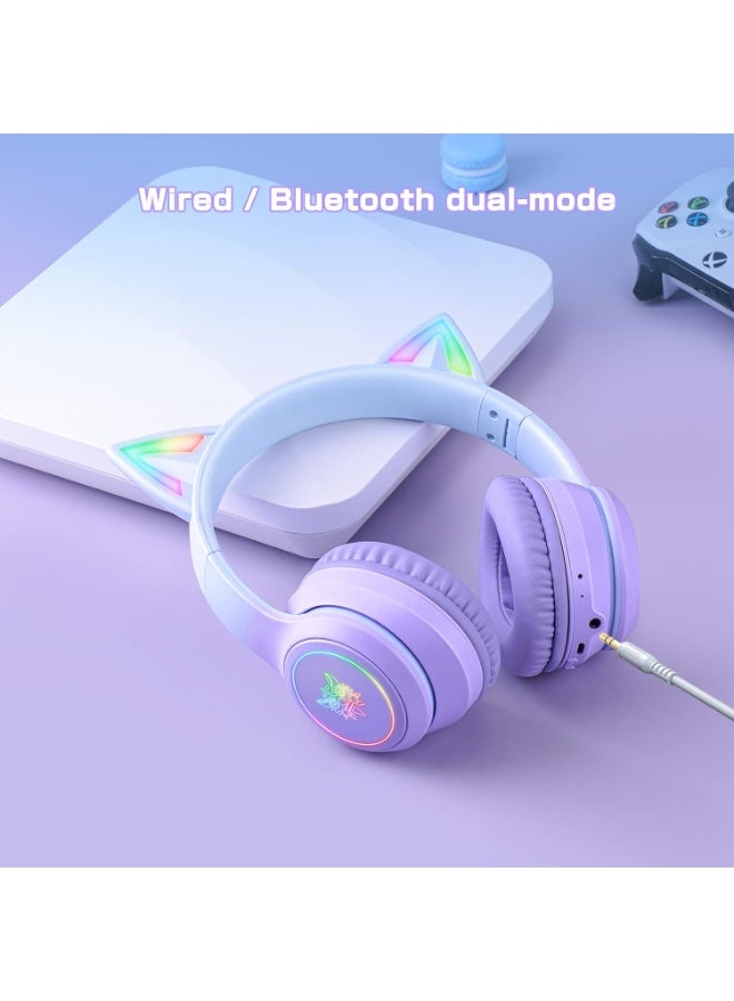 onikuma B90 Bluetooth Cat Ear Headphones for Kids & Adults, Wireless & Wired Mode Foldable Headset with Mic - Clear Sound Quality - RGB LED Light, for Girls School Gaming, for Phone/Laptop/PC/Tablet, Purple - Image 5