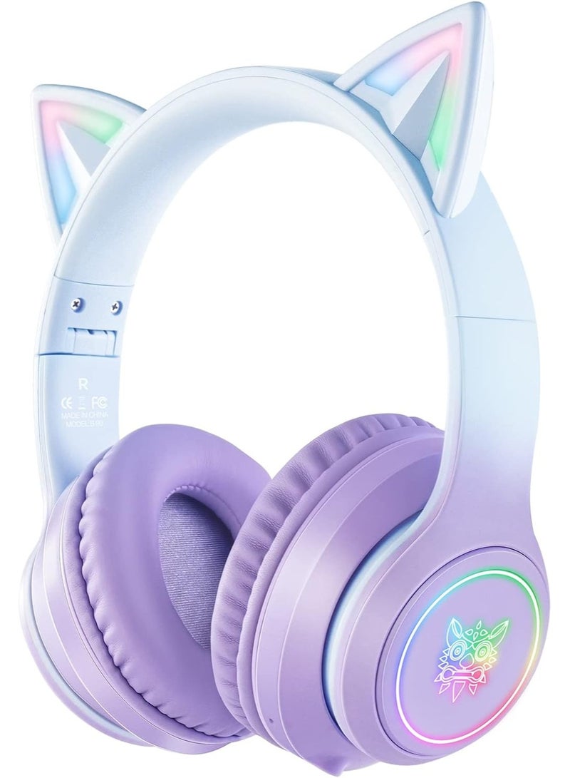 onikuma B90 Bluetooth Cat Ear Headphones for Kids & Adults, Wireless & Wired Mode Foldable Headset with Mic - Clear Sound Quality - RGB LED Light, for Girls School Gaming, for Phone/Laptop/PC/Tablet, Purple - Image 1