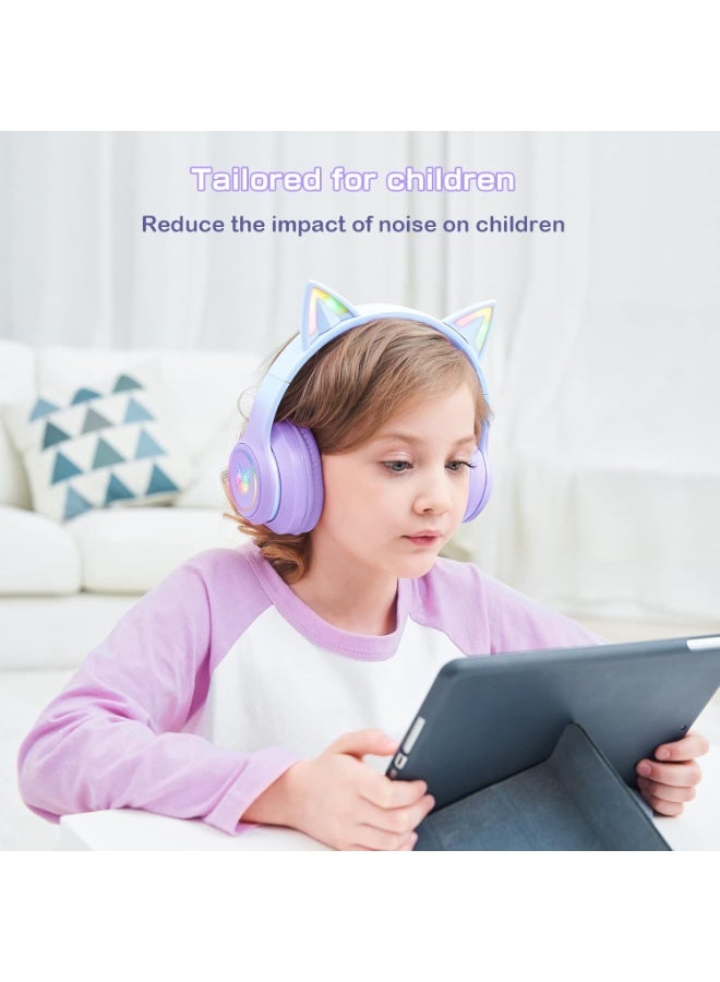 onikuma B90 Bluetooth Cat Ear Headphones for Kids & Adults, Wireless & Wired Mode Foldable Headset with Mic - Clear Sound Quality - RGB LED Light, for Girls School Gaming, for Phone/Laptop/PC/Tablet, Purple - Image 2
