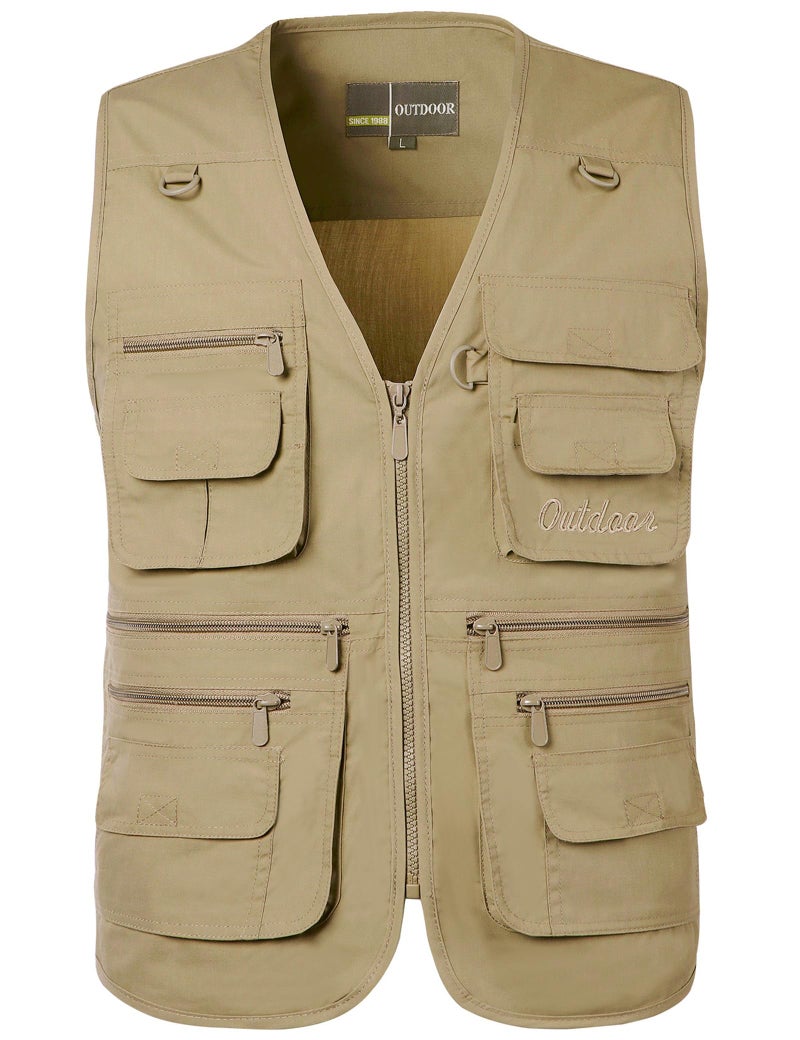 Flygo Mens Fishing Vest Utility Lightweight Outdoor Travel Safari Photo Cargo Vest with 16 Pockets Style 01 Khaki M - Image 2