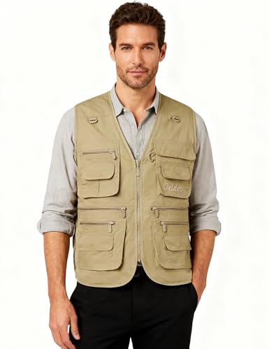Flygo Mens Fishing Vest Utility Lightweight Outdoor Travel Safari Photo Cargo Vest with 16 Pockets Style 01 Khaki M - Image 3