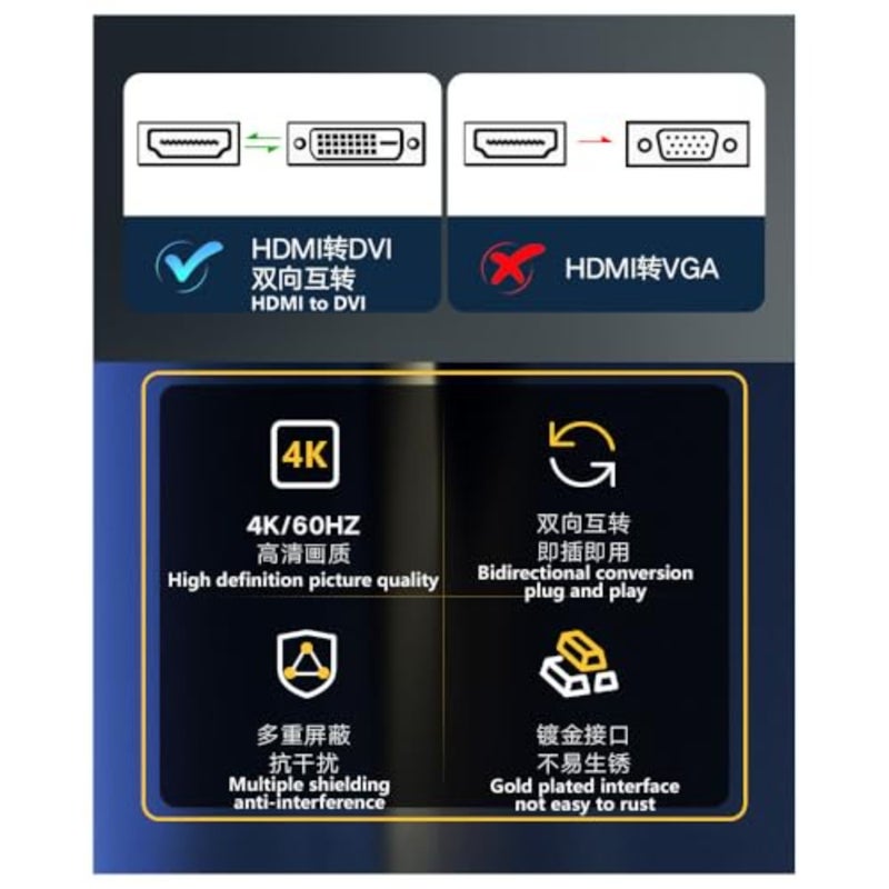 كابل HDMI إلى DVI بطول 1.4 متر، سلك تحويل عالي الوضوح ثنائي الاتجاه 4K عالمي للتلفزيون، وجهاز العرض، مطلي بالذهب - Image 5