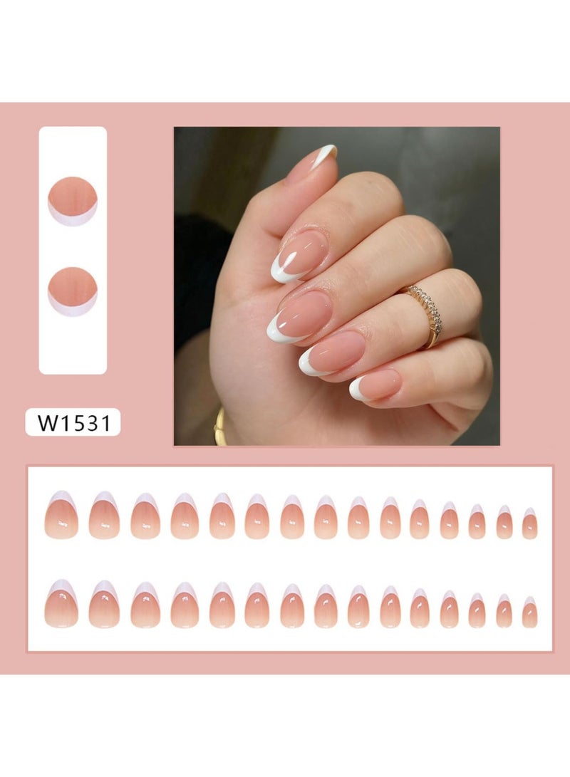 saykfoe 30 Pcs Press On Nails, French Style Short Almond-Shaped Nail Tips With a Pink Gradient Design, Fake Acrylic Nails Suitable For Beginners - Image 3
