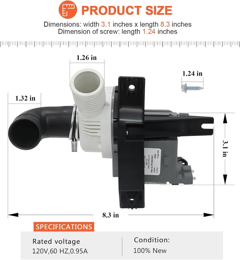 Beaquicy W10409079 Washer Drain Pump Replacement for Whirl-pool May-tag Ken-more Washing Machine Replaces WPW10409079 AP6021043 PS11754363 EAP11754363 2118648 - Image 4