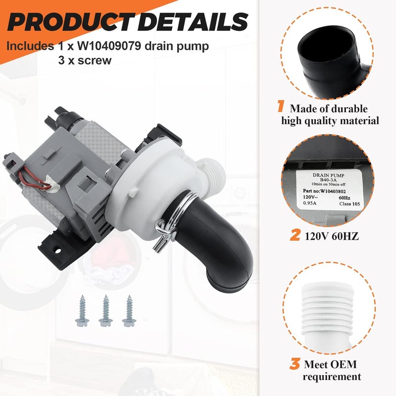 Beaquicy W10409079 Washer Drain Pump Replacement for Whirl-pool May-tag Ken-more Washing Machine Replaces WPW10409079 AP6021043 PS11754363 EAP11754363 2118648 - Image 2
