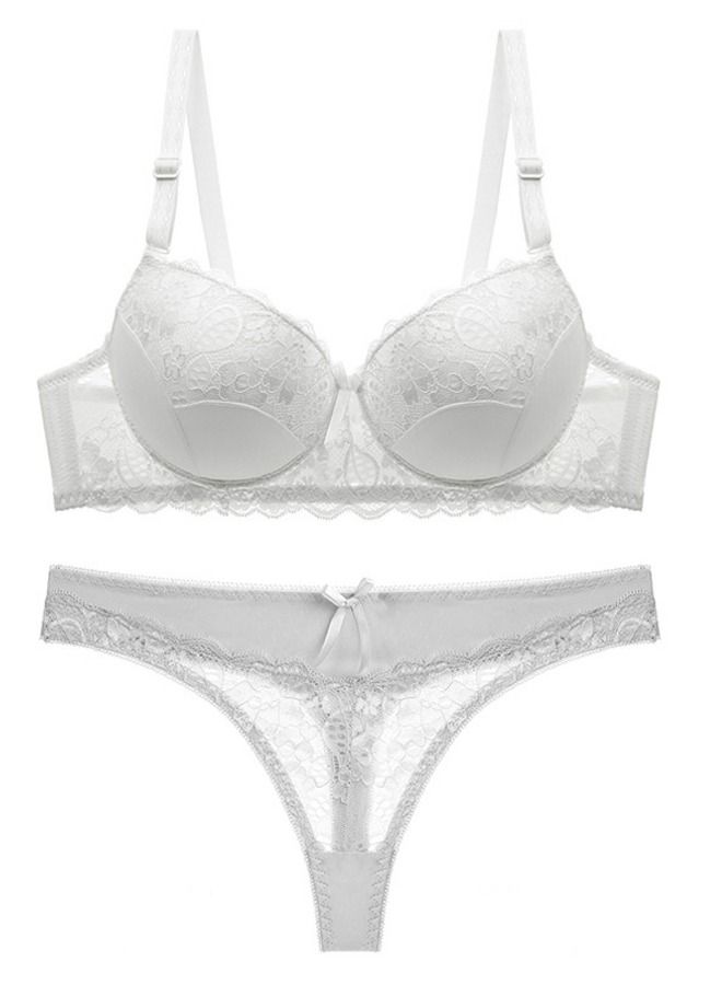 Comfy Solid Color C D Cup Thin Cup Lace Bra Panty Set Women's Plus Size Underwear Set White