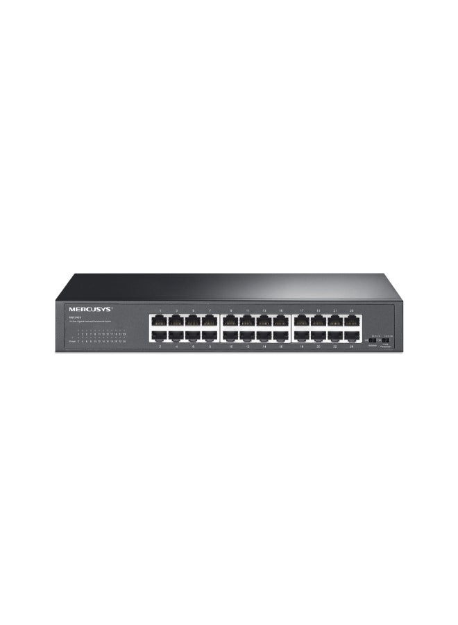 MERCUSYS 24-Port Gigabit Desktop/Rackmount Switch
PORT: 24× Gigabit RJ45 Ports
SPEC: 1U 13-inch Rack-mountable Steel Case
FEATURE: Isolation Mode，Loop Prevention，Plug and Play Black - Image 1
