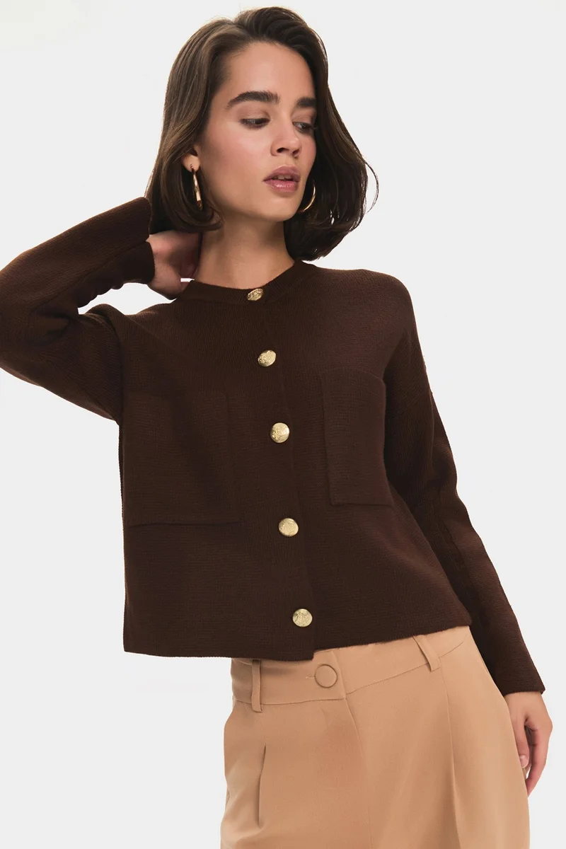 جون Women's Pocket Gold Button Detailed Knitwear Cardigan