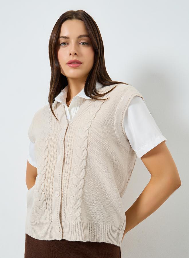 Styli Beige Cable Knit Vest Top - Image 1